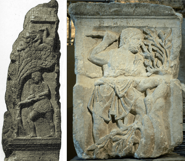 Esus celta, casualmente carpinteiro, cortando os madeiros da cruz da árvore da vida onde seria cravado.