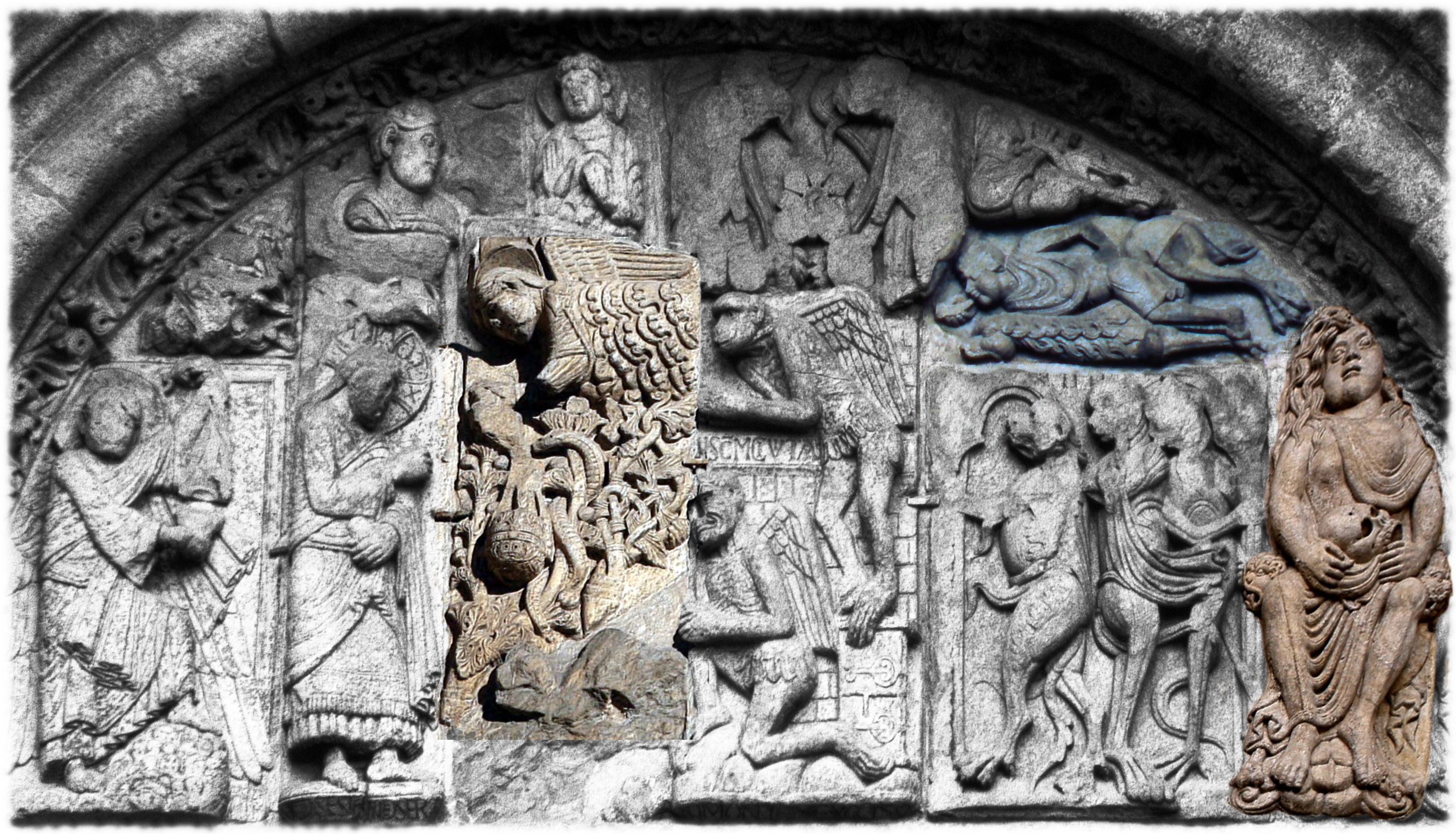 Porta de Platerías. En cor tres temas tomados acervo celtogalaico, o greenman e entrelazo na escena do anxo; A chamada Muller Adúltera "sempre cun home esperando á sombra do outro"; e escena de Caza Salvaxe