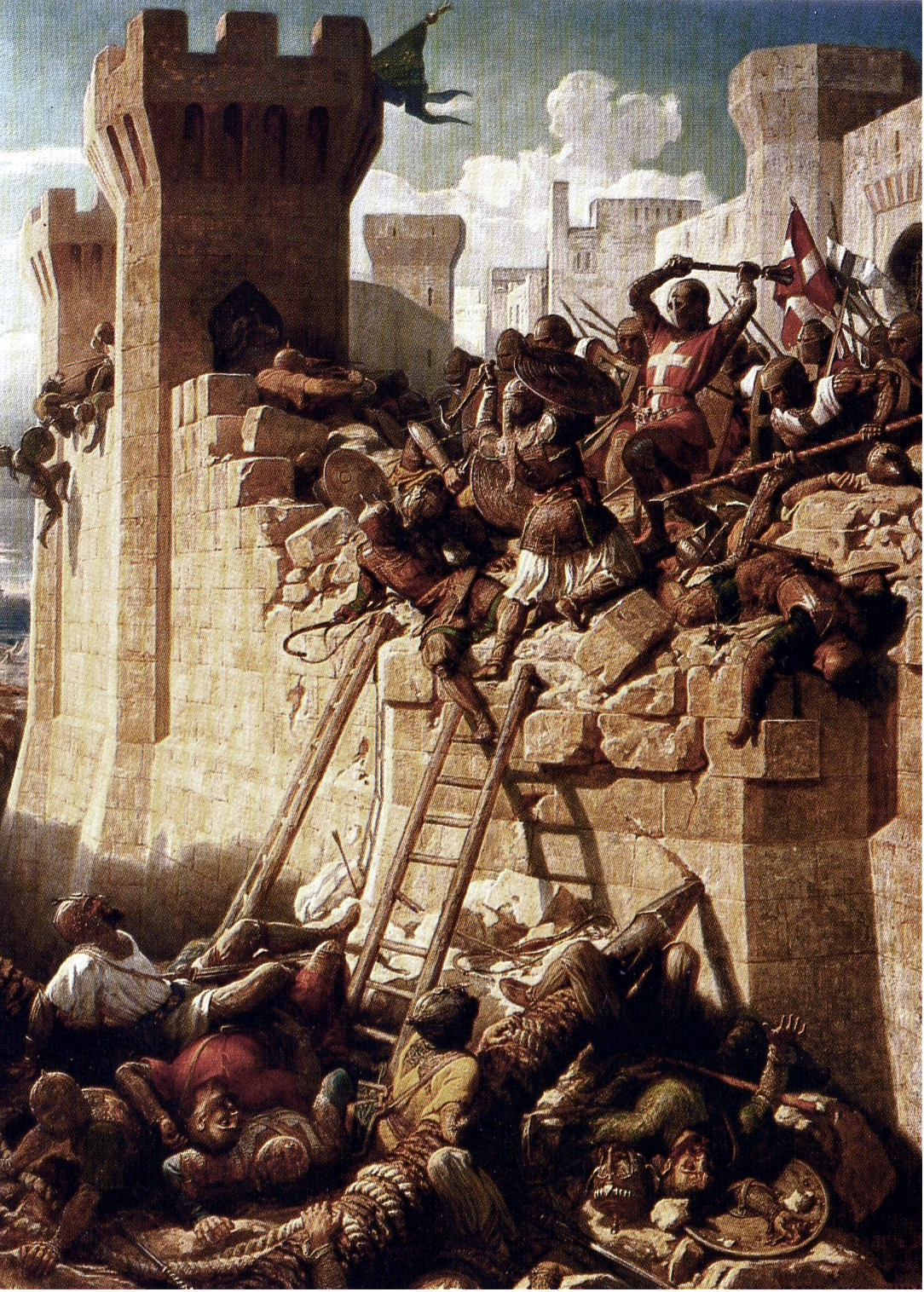 Asedio de Acre por D.Papety, circa 1840. O Mestre Hospitalario Mathieu de Clermont defendendo os muros em 1291. Fonte Wikipedia. ex Chateau de Versailles, reproducido in "Brieve histoire des Ordres Religieux", Editions Fragile.