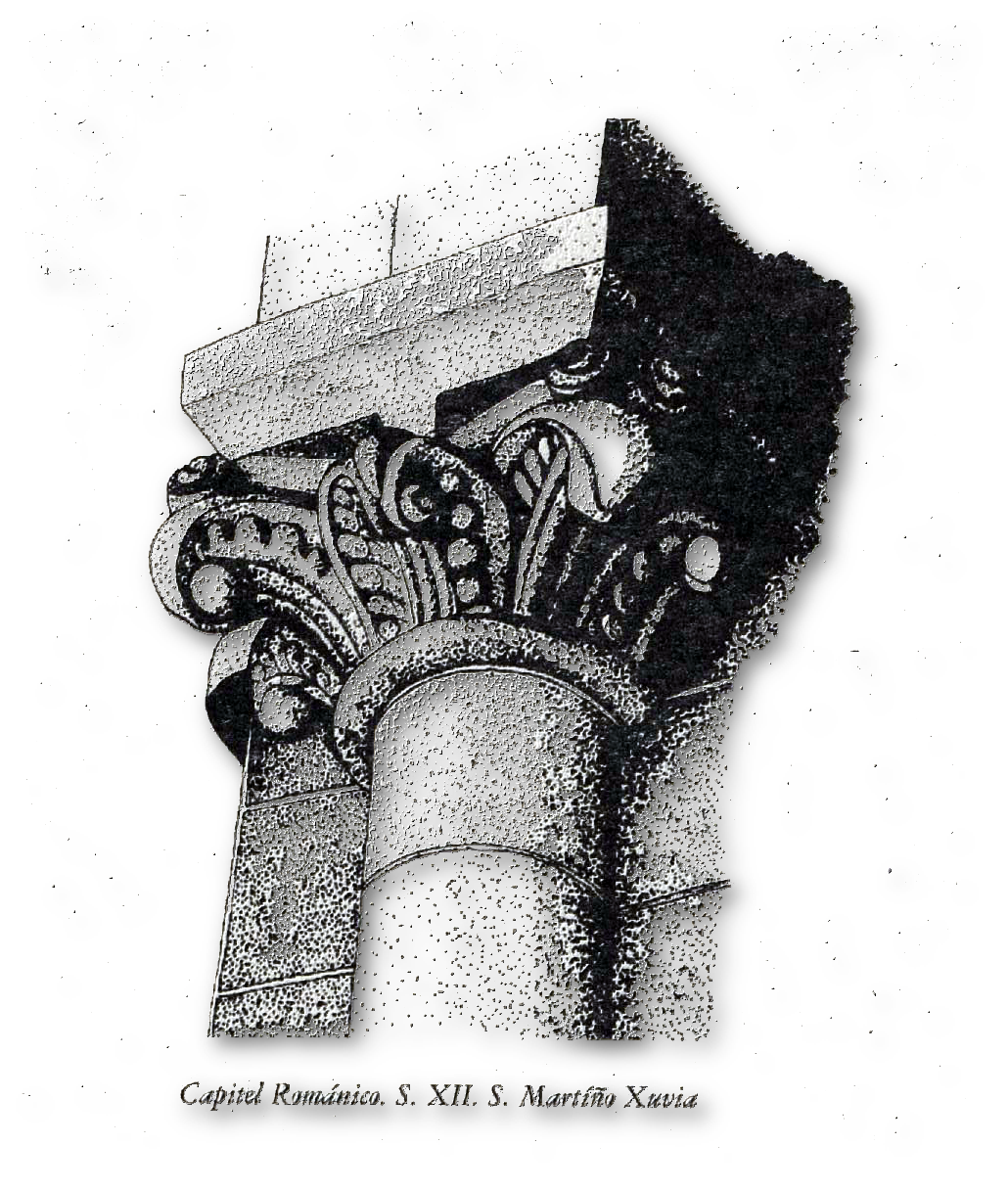 Capitel do Mosteiro de San Martiño de Xuvia. Deseño de José Ramón Fernández Villares ilustrando este texto na p 88 de Narón Un Concello con Historia de Seu. Tomo II II