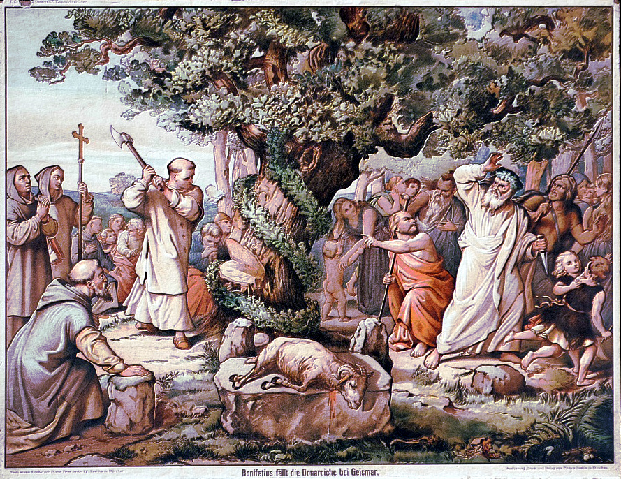 Fonifacio corta o carballo de Donar en Geismar