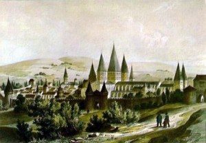 Pintura da Badía de Cluni of Cluny Abbey antes de que fora destruída en sua maior parte (Museo de Cluny)